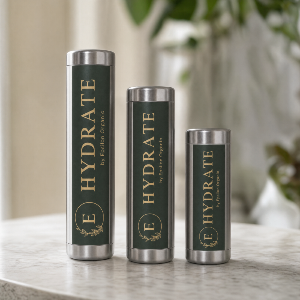 The HYDRATE collection, three sizes, standing on a marble counter